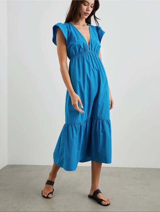 Rails Dresses & Skirts - RAILS Tina Blue Midi Dress Size Medium Flutter Sleeve Ruffle Hem Blue Cotton